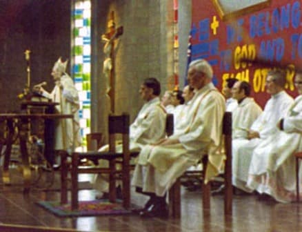 Archbishop Frank Little delivers his homily at the Consecration Mass, 1985